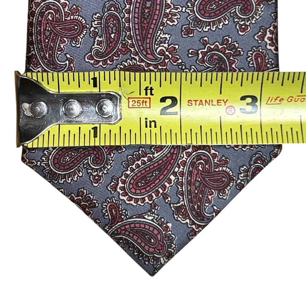 All Silk Milano Hand Made Paisley Print Necktie Blue-Gray Burgundy 55